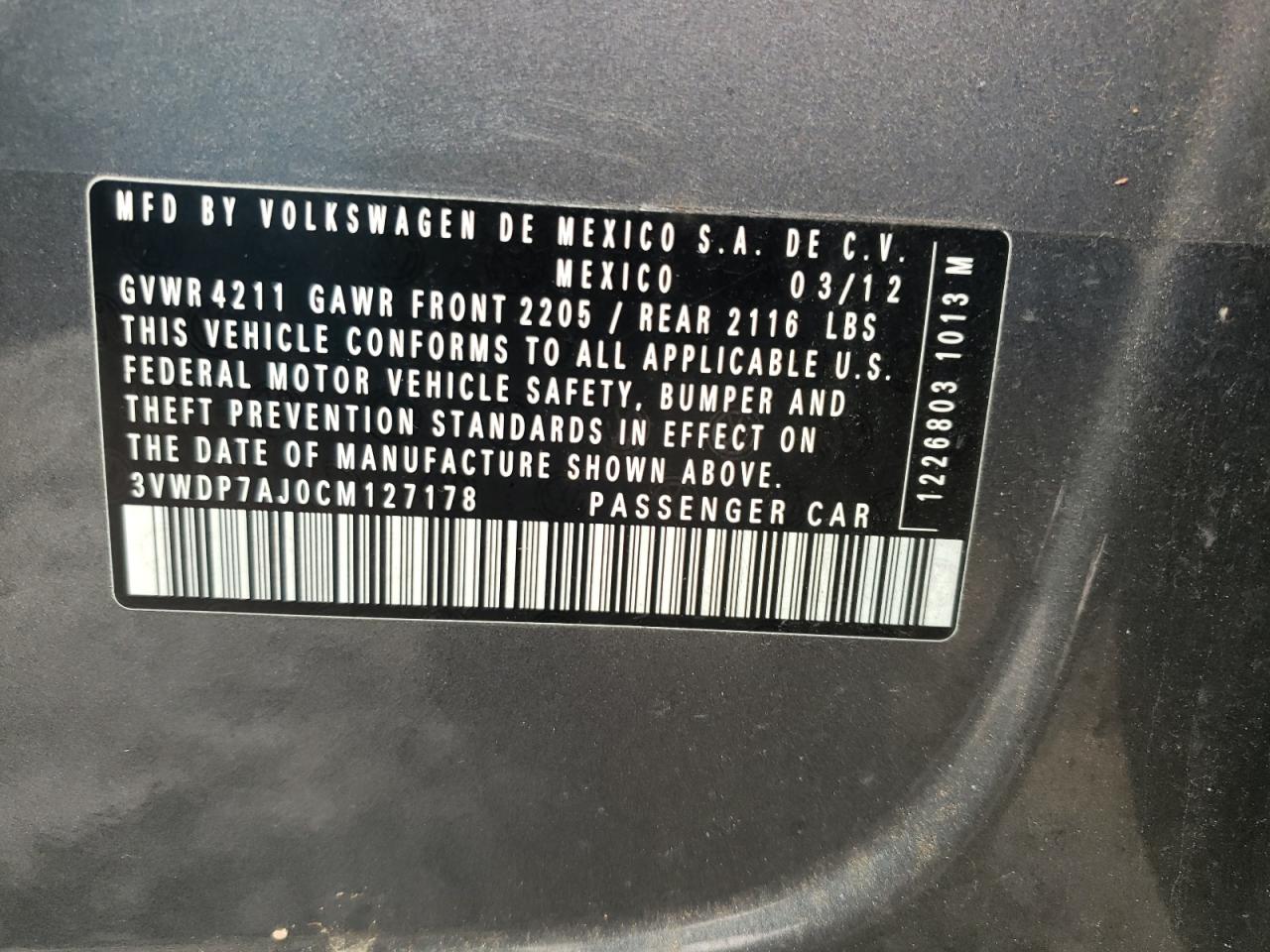 Photo 10 from auction – 2012 VOLKSWAGEN JETTA SE with VIN 3VWDP7AJ0CM127178