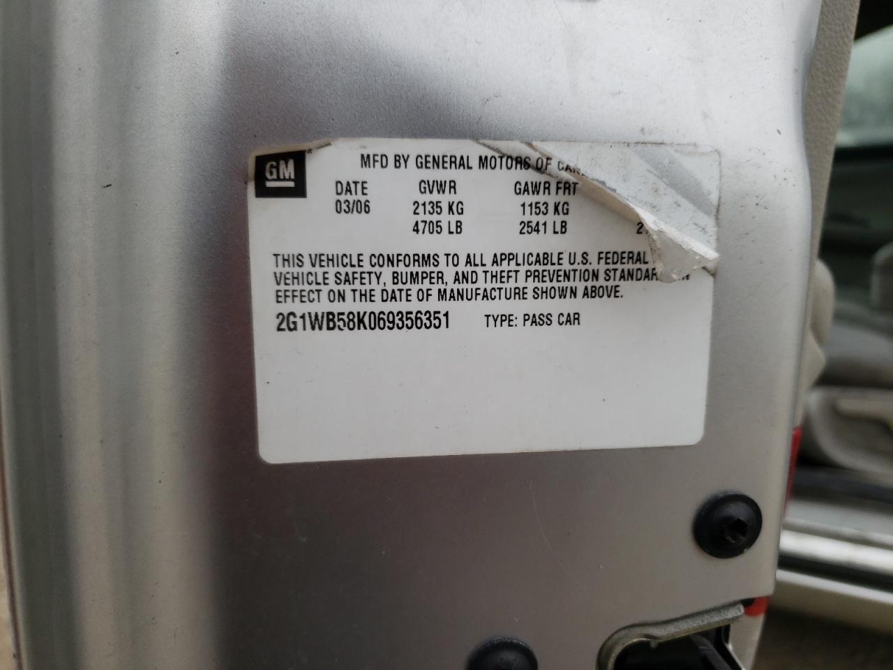 Photo 10 from auction – 2006 CHEVROLET IMPALA LS with VIN 2G1WB58K069356351