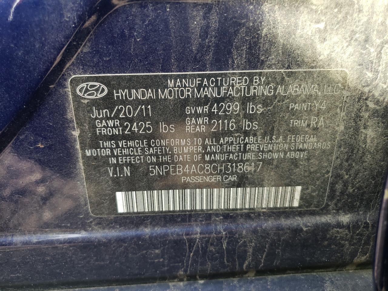 Photo 10 from auction – 2012 HYUNDAI SONATA GLS with VIN 5NPEB4AC8CH318617