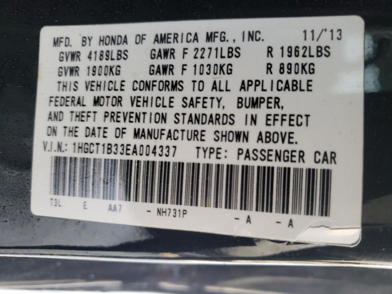 Photo 10 from auction – 2014 HONDA ACCORD LX- with VIN 1HGCT1B33EA004337