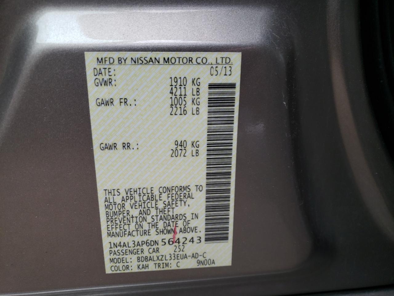 Photo 10 from auction – 2013 NISSAN ALTIMA 2.5 with VIN 1N4AL3AP6DN564243