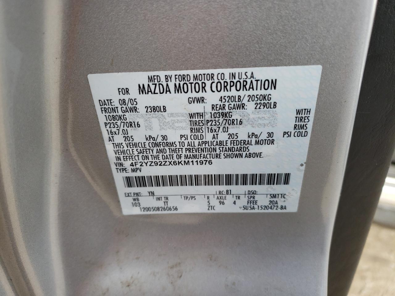 Photo 10 from auction – 2006 MAZDA TRIBUTE with VIN 4F2YZ92ZX6KM11976