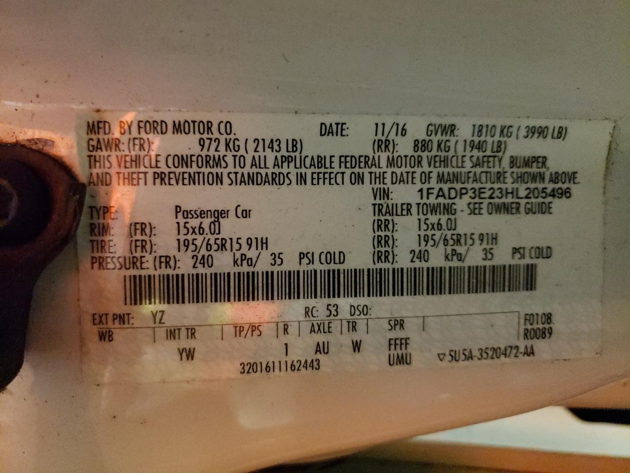 Photo 10 from auction – 2017 FORD FOCUS S with VIN 1FADP3E23HL205496