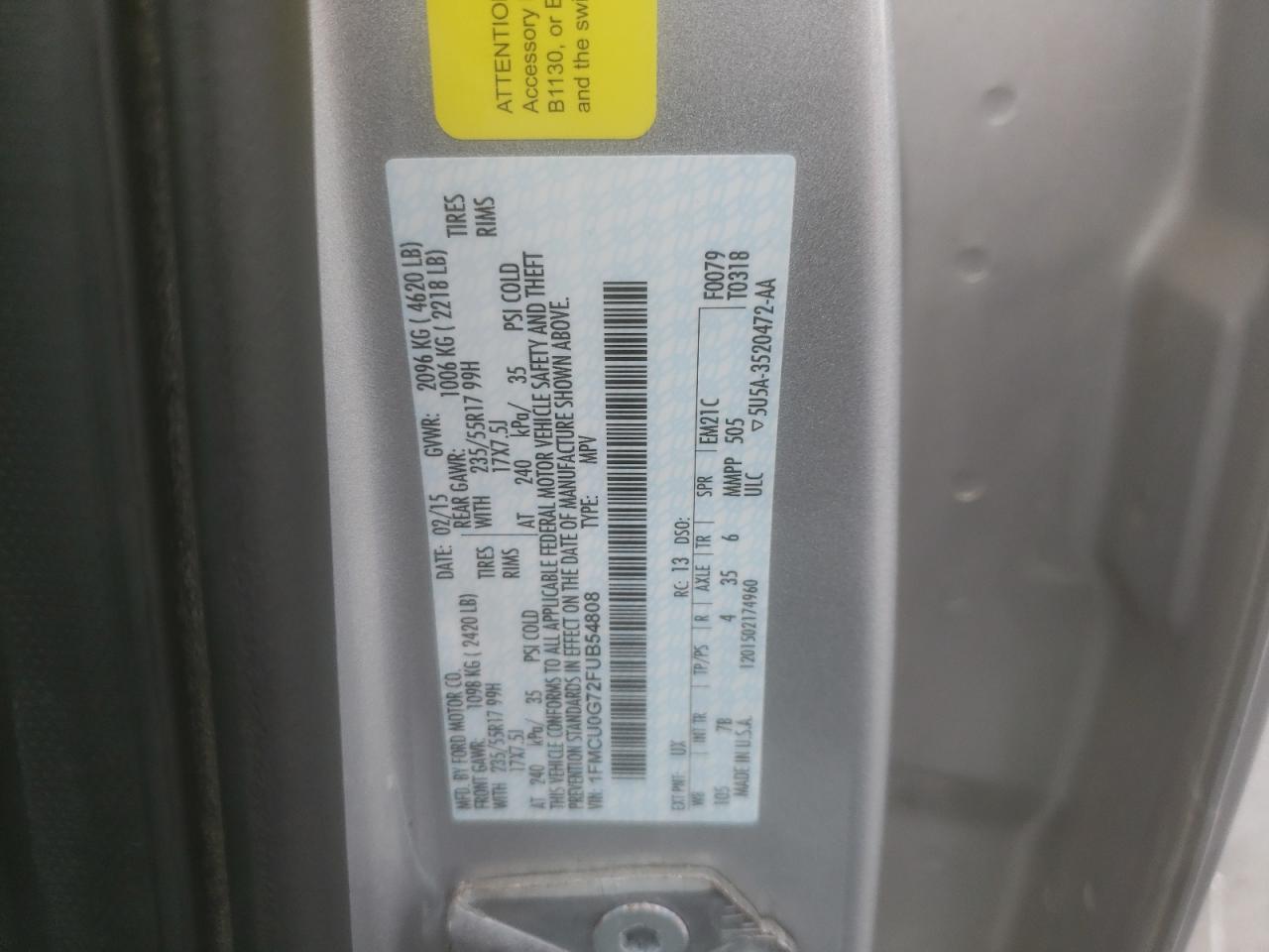 Photo 10 from auction – 2015 FORD ESCAPE SE with VIN 1FMCU0G72FUB54808