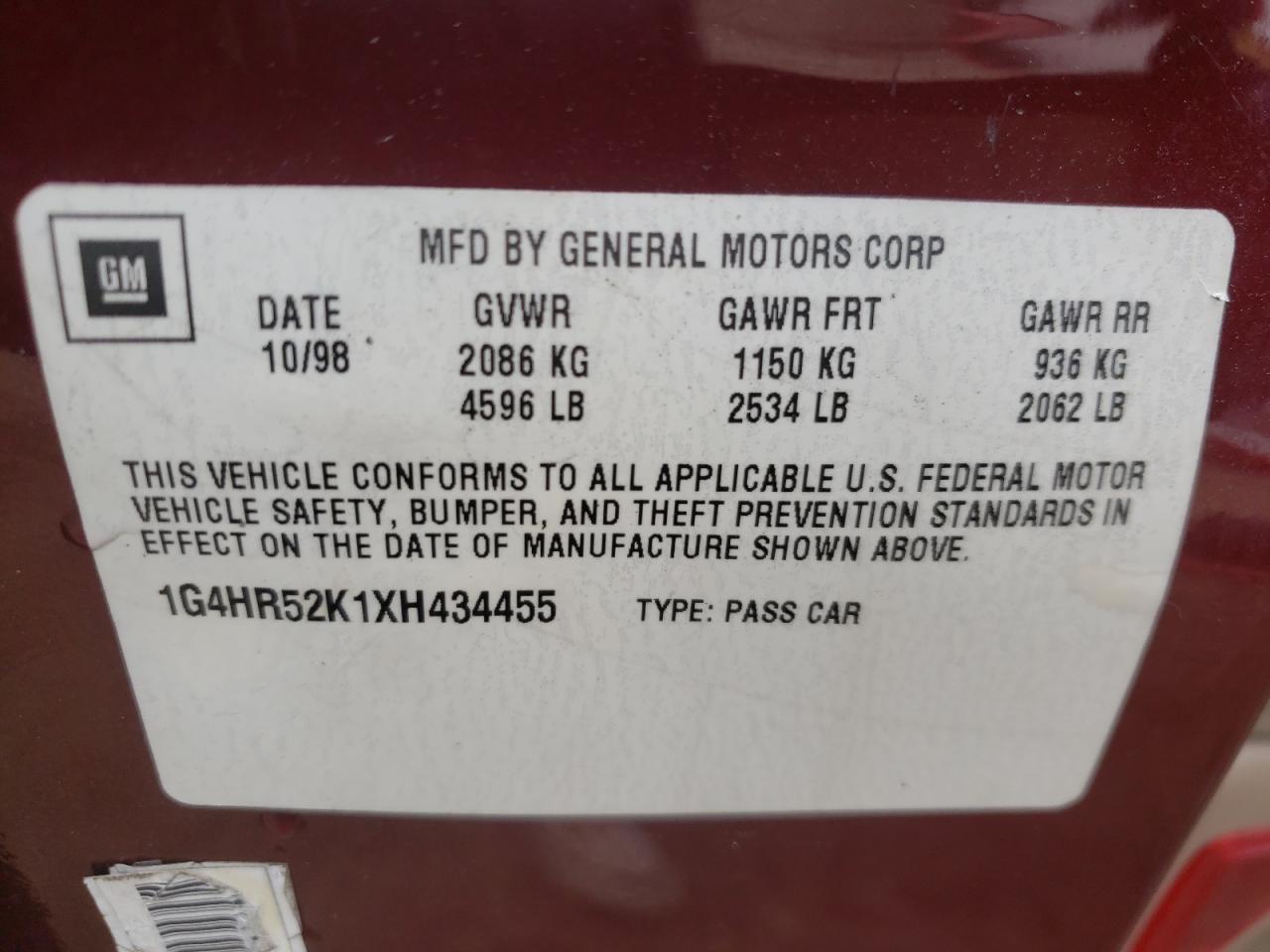 Photo 10 from auction – 1999 BUICK LESABRE with VIN 1G4HR52K1XH434455