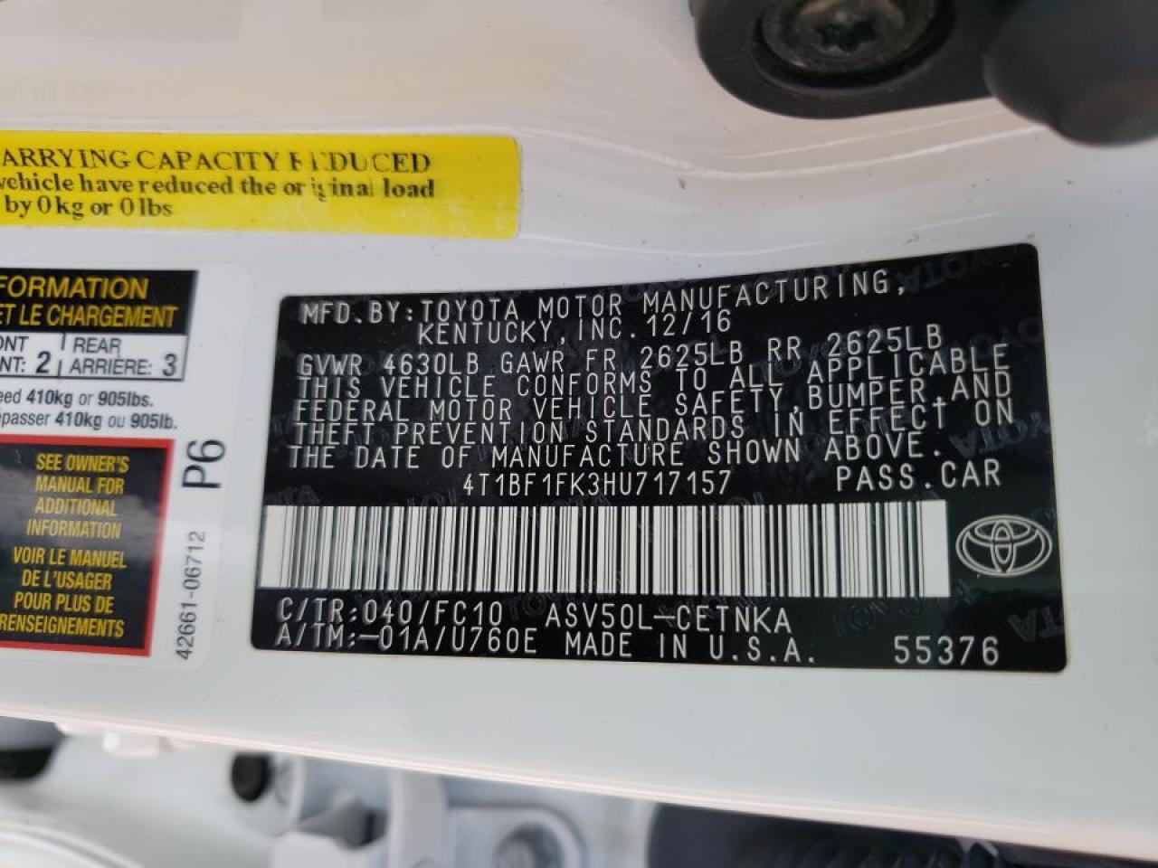 Photo 10 from auction – 2017 TOYOTA CAMRY LE with VIN 4T1BF1FK3HU717157