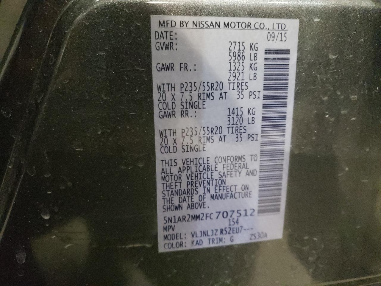 Photo 10 from auction – 2015 NISSAN PATHFINDER with VIN 5N1AR2MM2FC707512