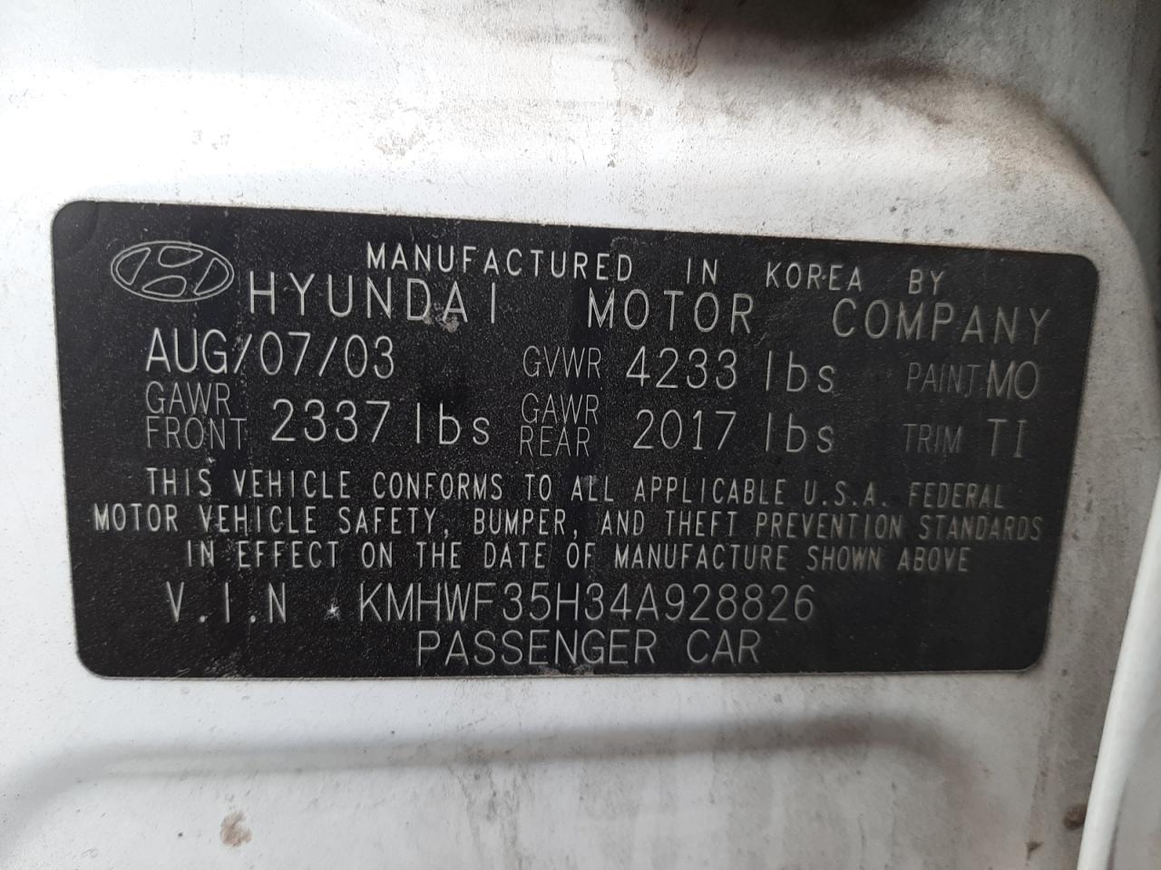 Photo 10 from auction – 2004 HYUNDAI SONATA GLS with VIN KMHWF35H34A928826