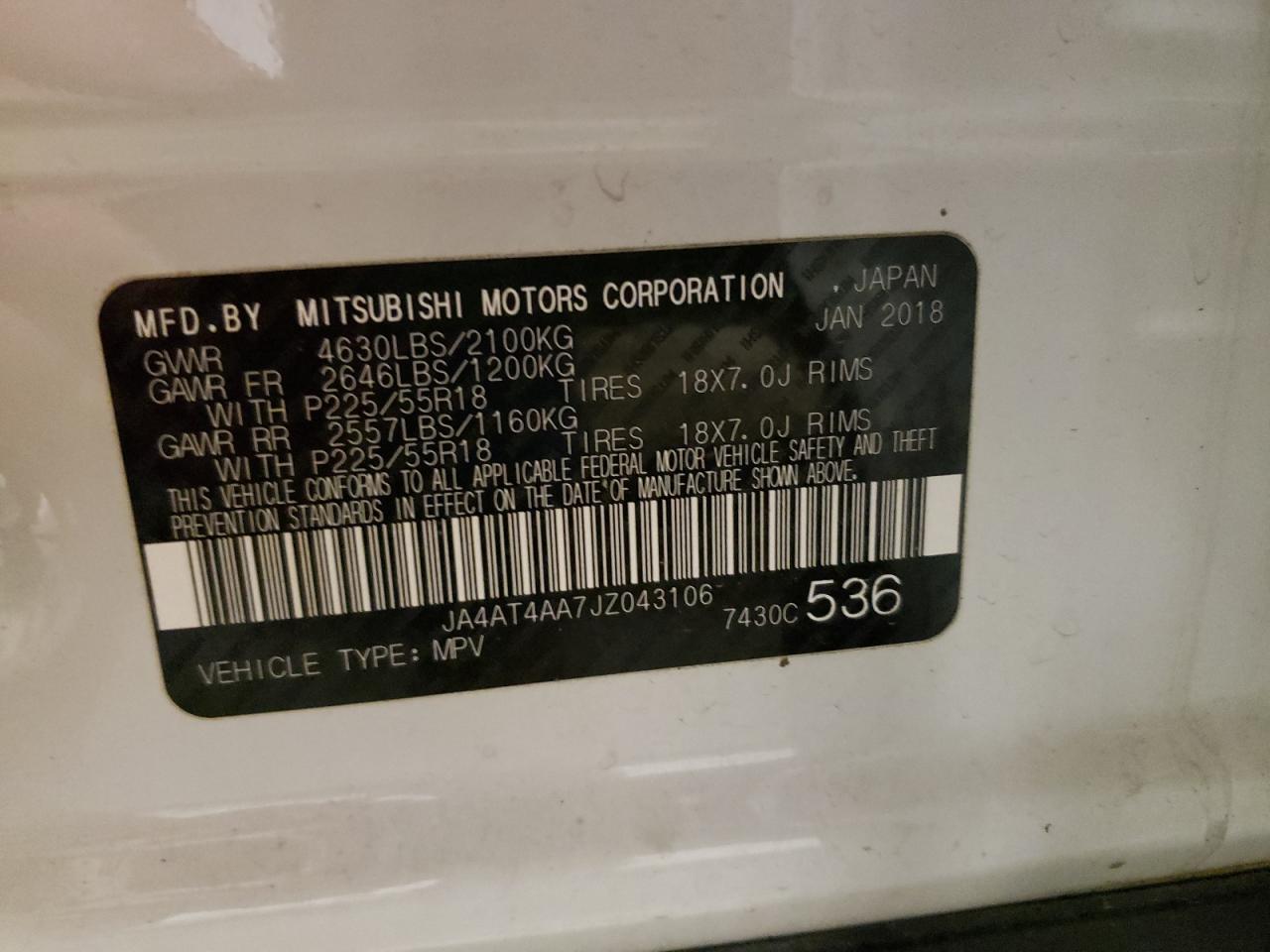 Photo 10 from auction – 2018 MITSUBISHI ECLIPSE CR with VIN JA4AT4AA7JZ043106