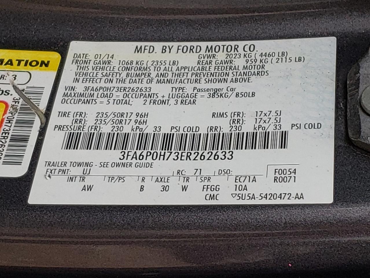 Photo 10 from auction – 2014 FORD FUSION SE with VIN 3FA6P0H73ER262633
