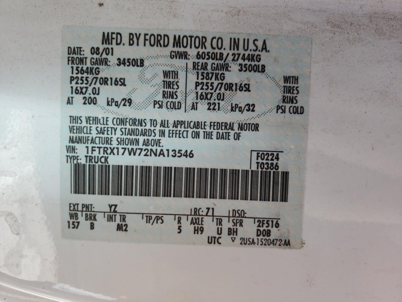 Photo 10 from auction – 2002 FORD F150 with VIN 1FTRX17W72NA13546