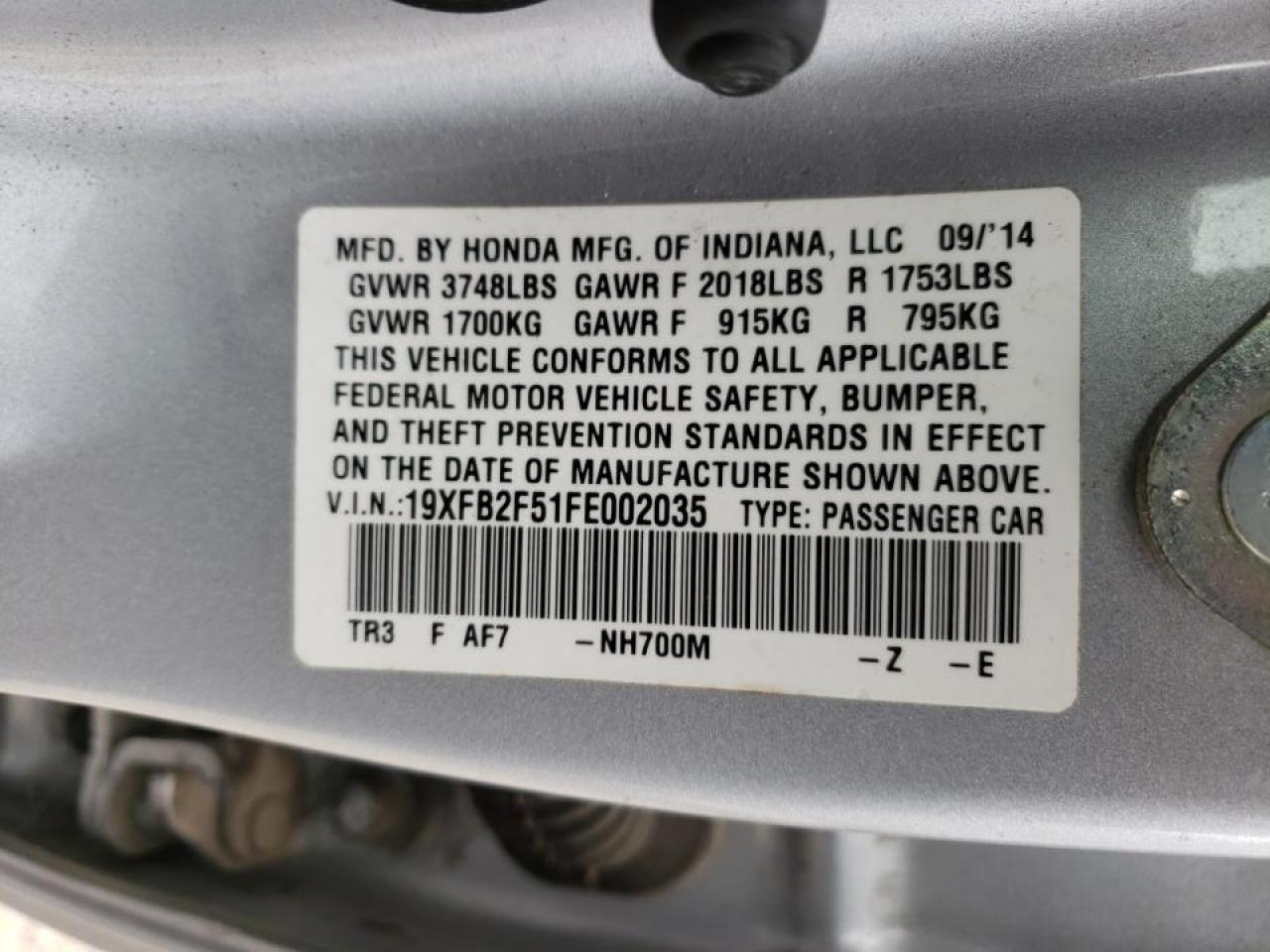 Photo 10 from auction – 2015 HONDA CIVIC LX with VIN 19XFB2F51FE002035