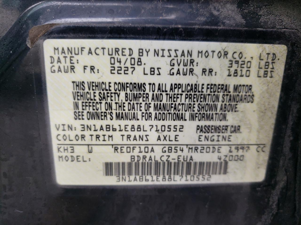Photo 10 from auction – 2008 NISSAN SENTRA 2.0 with VIN 3N1AB61E88L710552