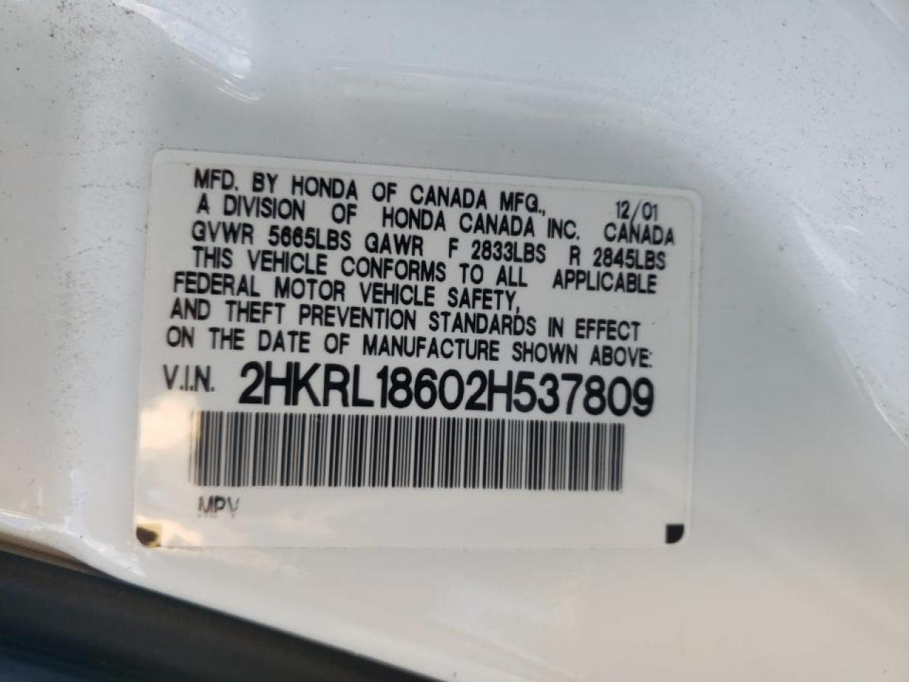 Photo 10 from auction – 2002 HONDA ODYSSEY EX with VIN 2HKRL18602H537809
