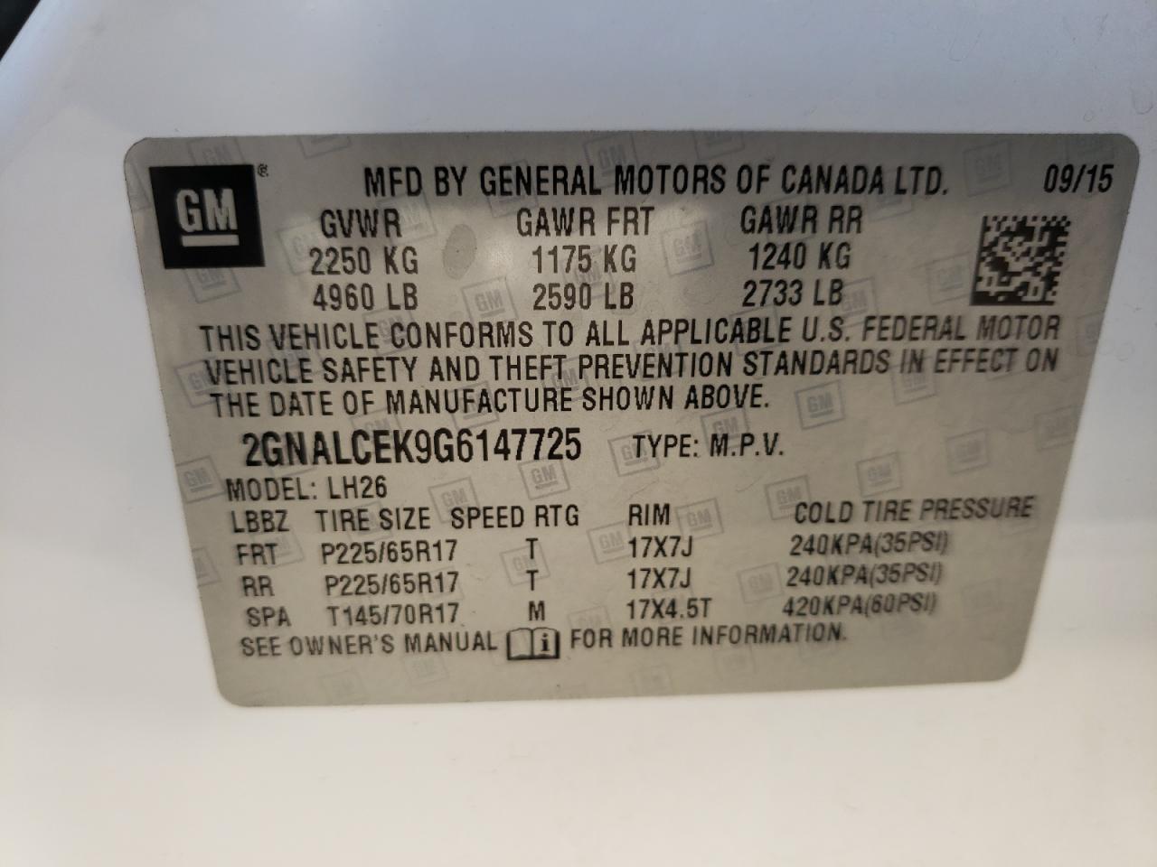 Photo 10 from auction – 2016 CHEVROLET EQUINOX LT with VIN 2GNALCEK9G6147725