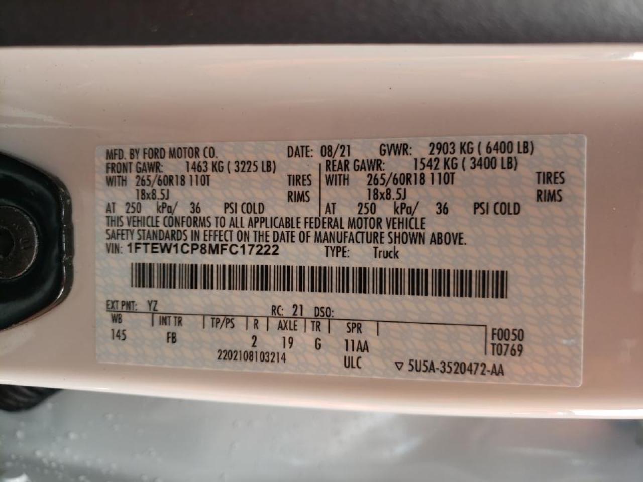 Photo 10 from auction – 2021 FORD F150 SUPER with VIN 1FTEW1CP8MFC17222