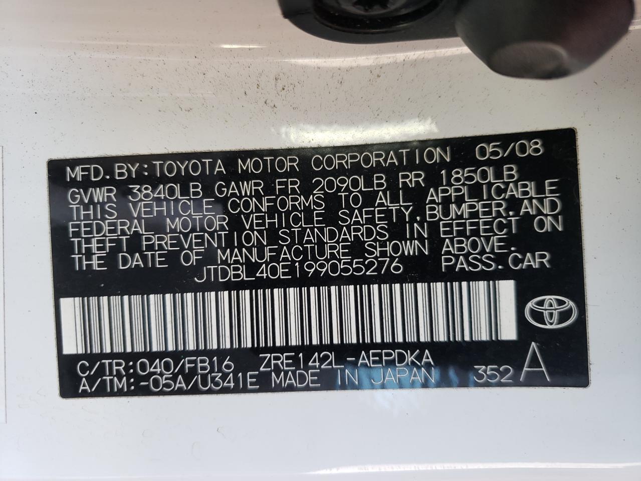 Photo 10 from auction – 2009 TOYOTA COROLLA BA with VIN JTDBL40E199055276