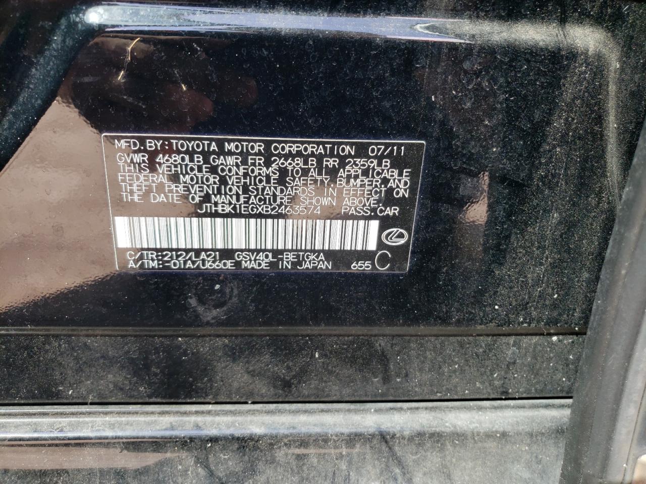 Photo 10 from auction – 2011 LEXUS ES 350 with VIN JTHBK1EGXB2463574