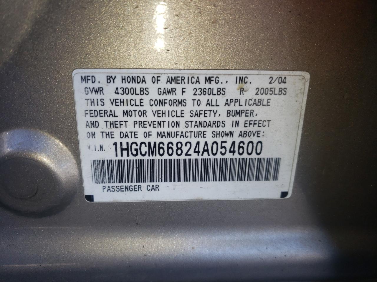 Photo 10 from auction – 2004 HONDA ACCORD EX with VIN 1HGCM66824A054600