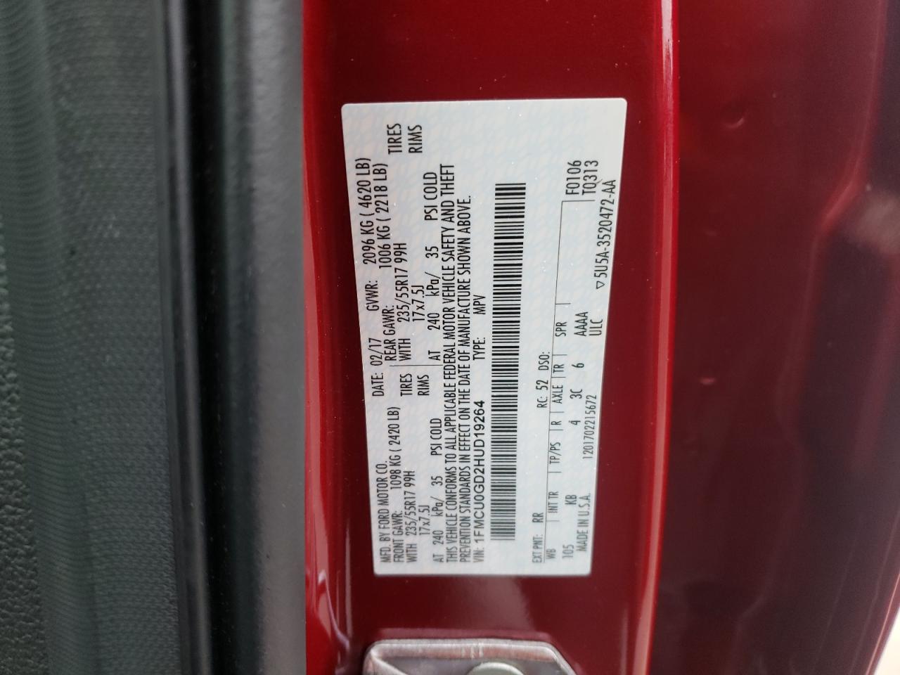 Photo 10 from auction – 2017 FORD ESCAPE SE with VIN 1FMCU0GD2HUD19264