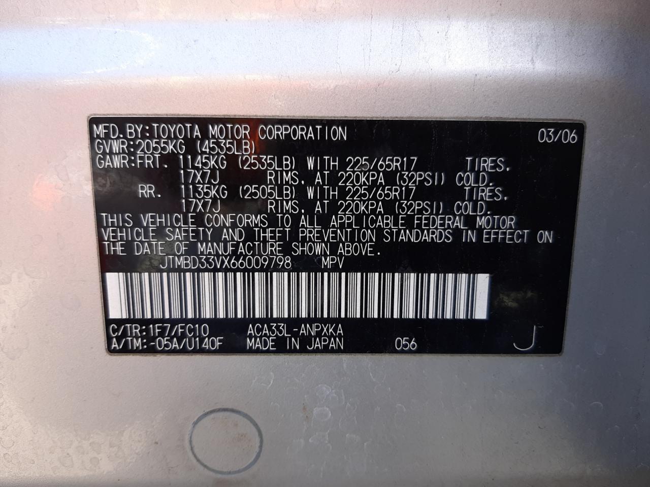 Photo 10 from auction – 2006 TOYOTA RAV4 with VIN JTMBD33VX66009798