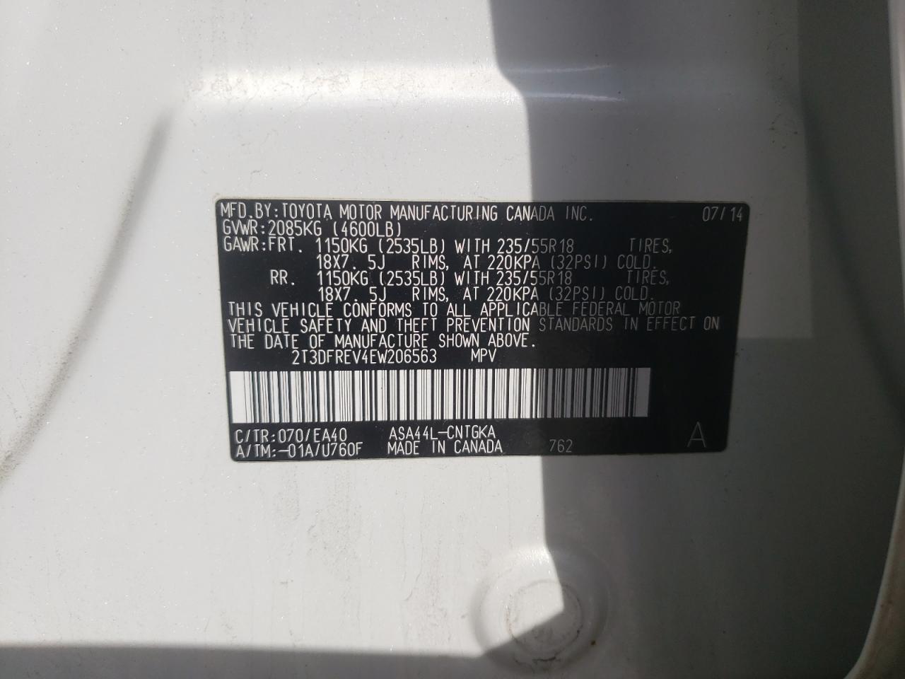 Photo 10 from auction – 2014 TOYOTA RAV4 LIMIT with VIN 2T3DFREV4EW206563