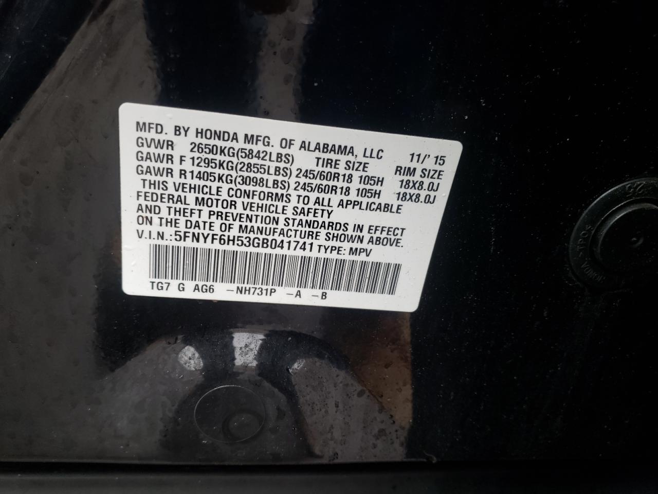 Photo 10 from auction – 2016 HONDA PILOT EXL with VIN 5FNYF6H53GB041741