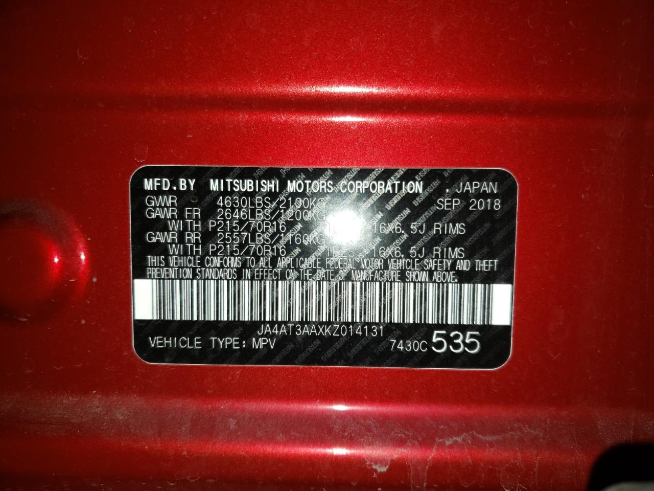 Photo 10 from auction – 2019 MITSUBISHI ECLIPSE CR with VIN JA4AT3AAXKZ014131
