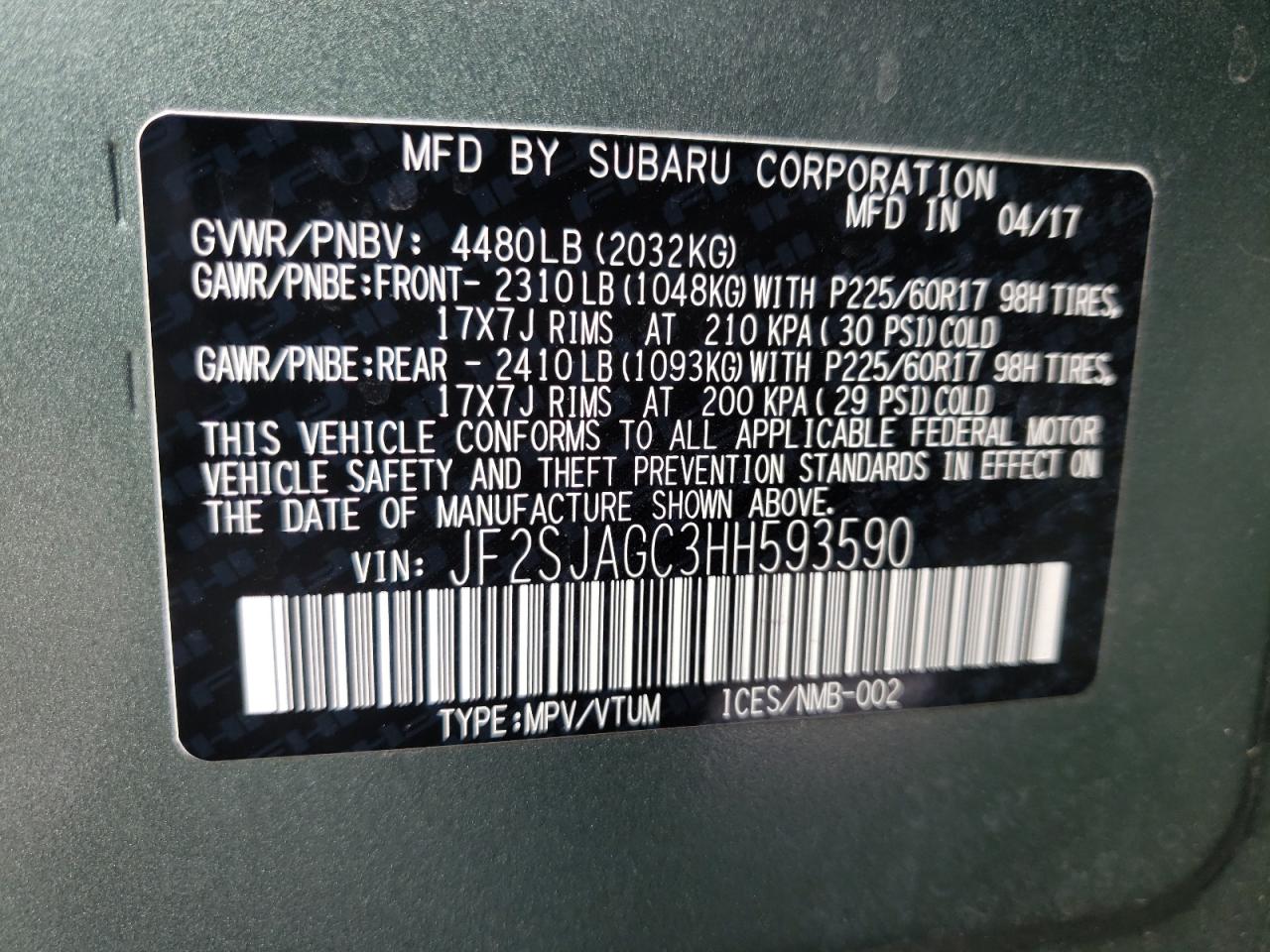 Photo 10 from auction – 2017 SUBARU FORESTER 2 with VIN JF2SJAGC3HH593590