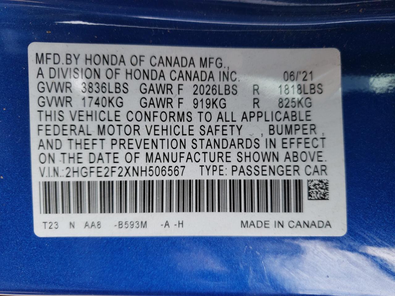 Photo 10 from auction – 2022 HONDA CIVIC LX with VIN 2HGFE2F2XNH506567