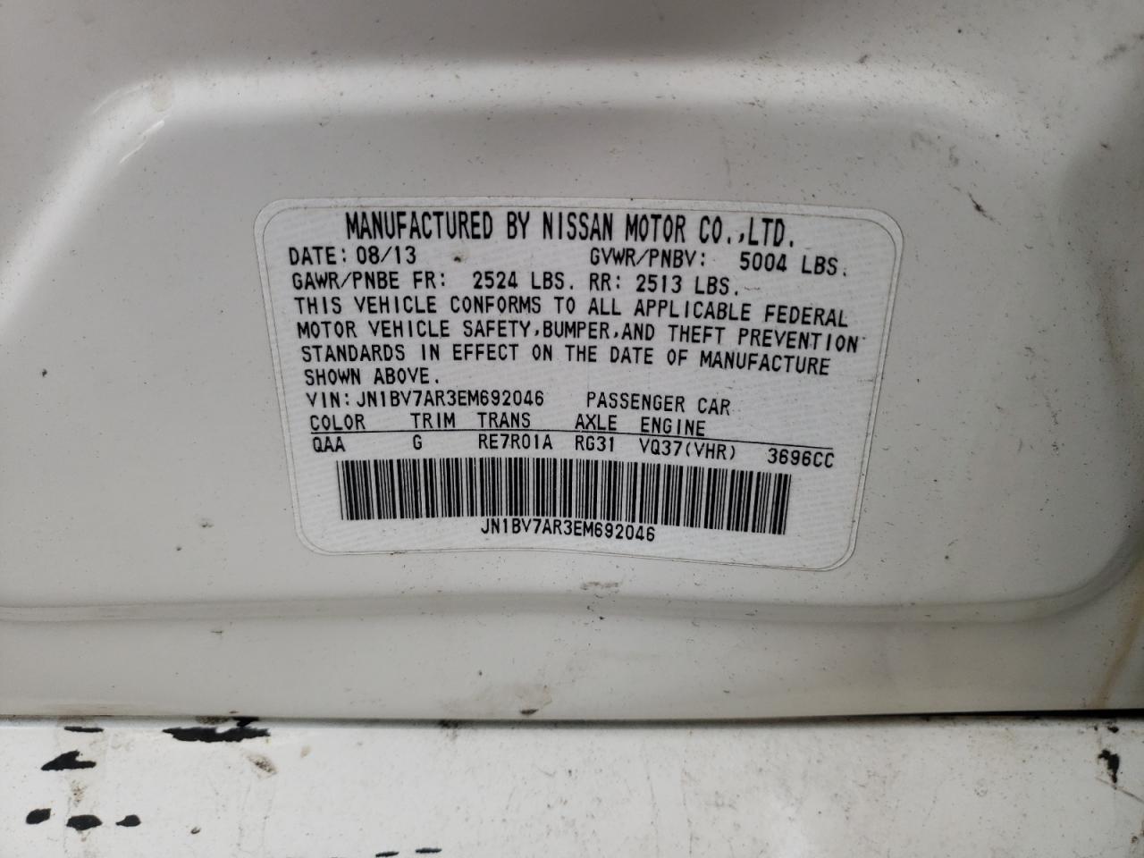 Photo 10 from auction – 2014 INFINITI Q50 BASE with VIN JN1BV7AR3EM692046