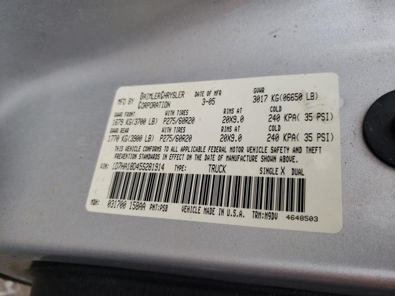 Photo 10 from auction – 2005 DODGE RAM 1500 S with VIN 1D7HA18D45S281914