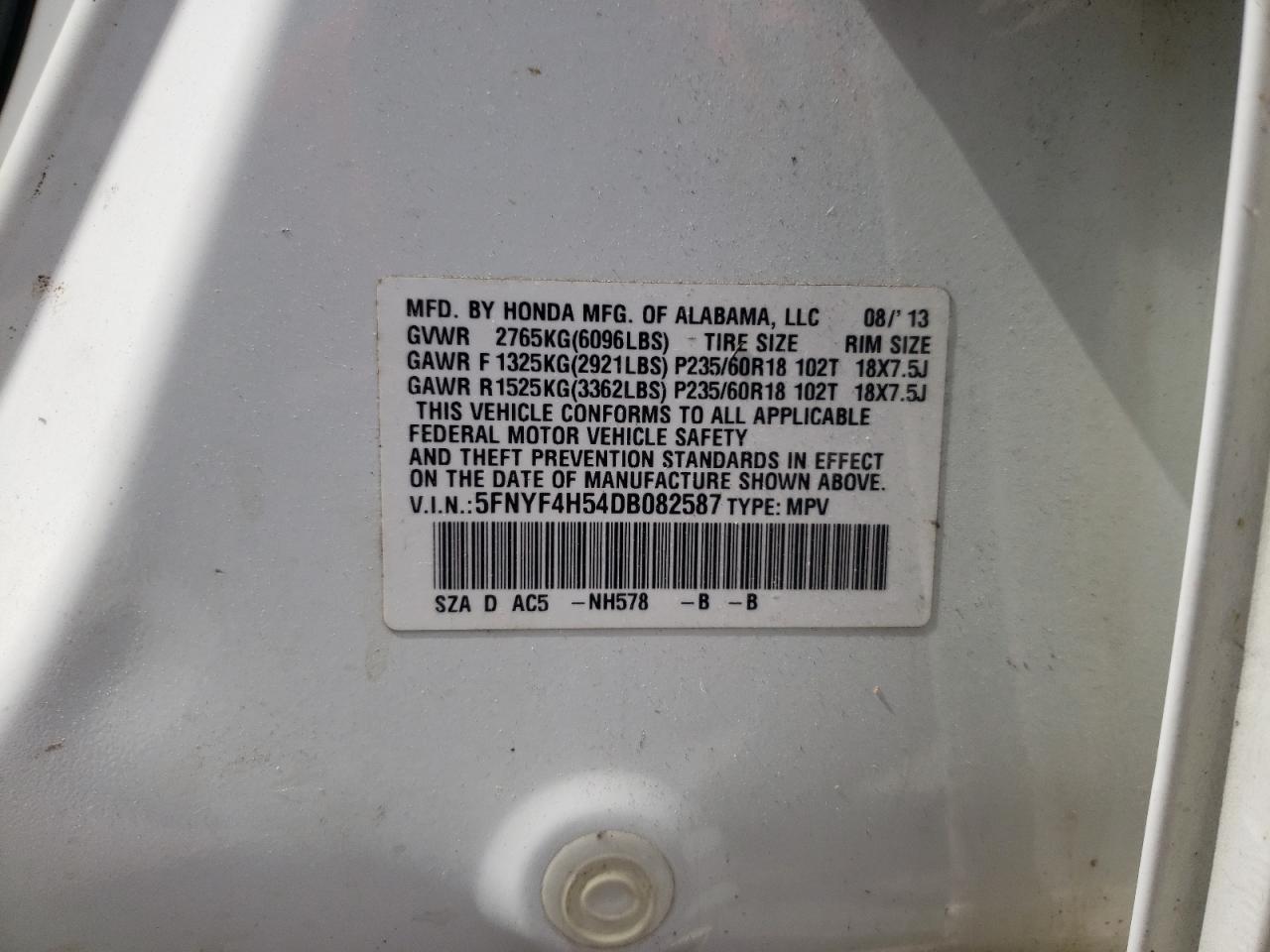 Photo 10 from auction – 2013 HONDA PILOT EXL with VIN 5FNYF4H54DB082587