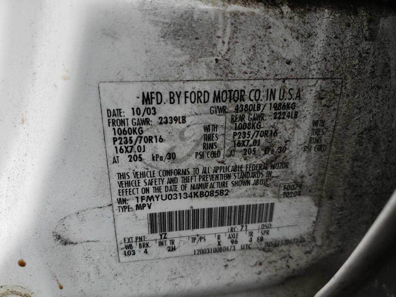 Photo 10 from auction – 2004 FORD ESCAPE XLT with VIN 1FMYU03134KB08582