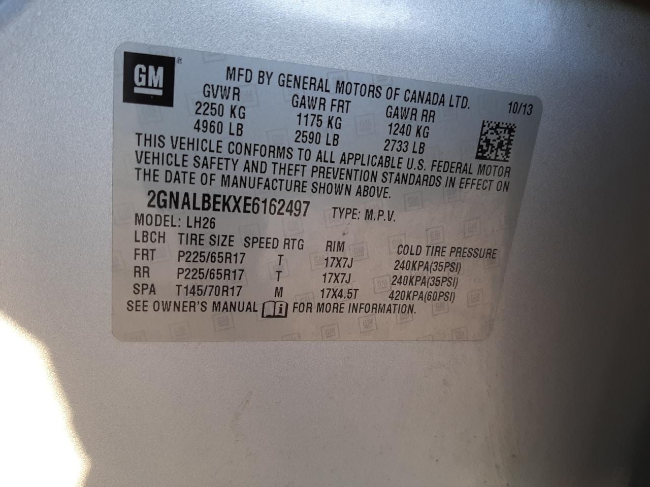 Photo 10 from auction – 2014 CHEVROLET EQUINOX LT with VIN 2GNALBEKXE6162497