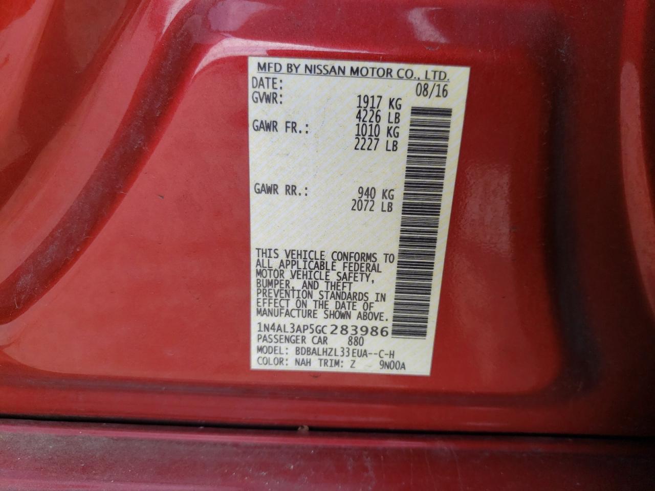 Photo 10 from auction – 2016 NISSAN ALTIMA 2.5 with VIN 1N4AL3AP5GC283986