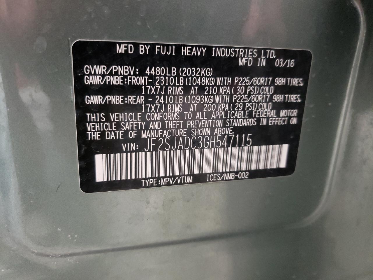 Photo 10 from auction – 2016 SUBARU FORESTER 2 with VIN JF2SJADC3GH547115