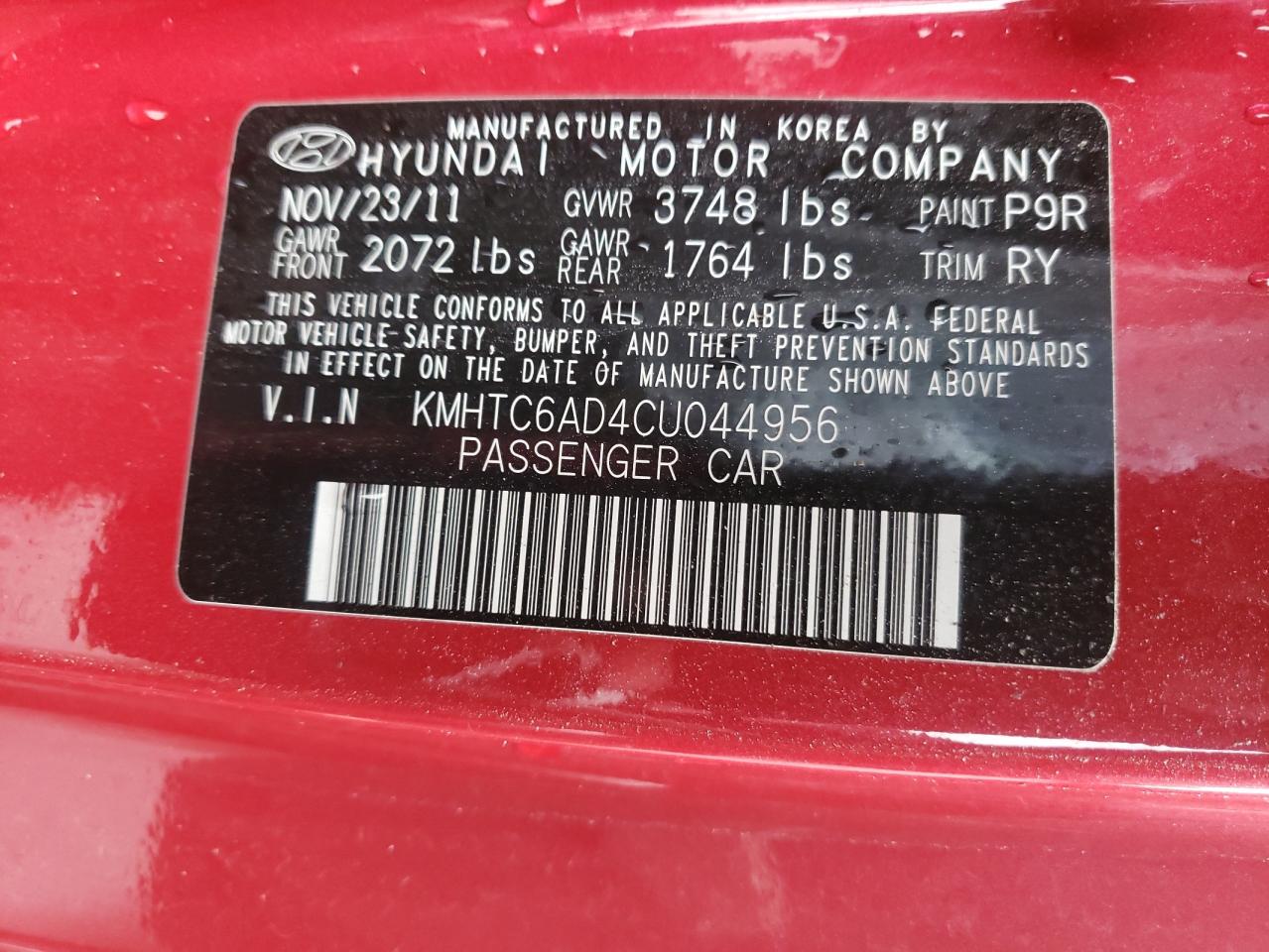 Photo 10 from auction – 2012 HYUNDAI VELOSTER with VIN KMHTC6AD4CU044956