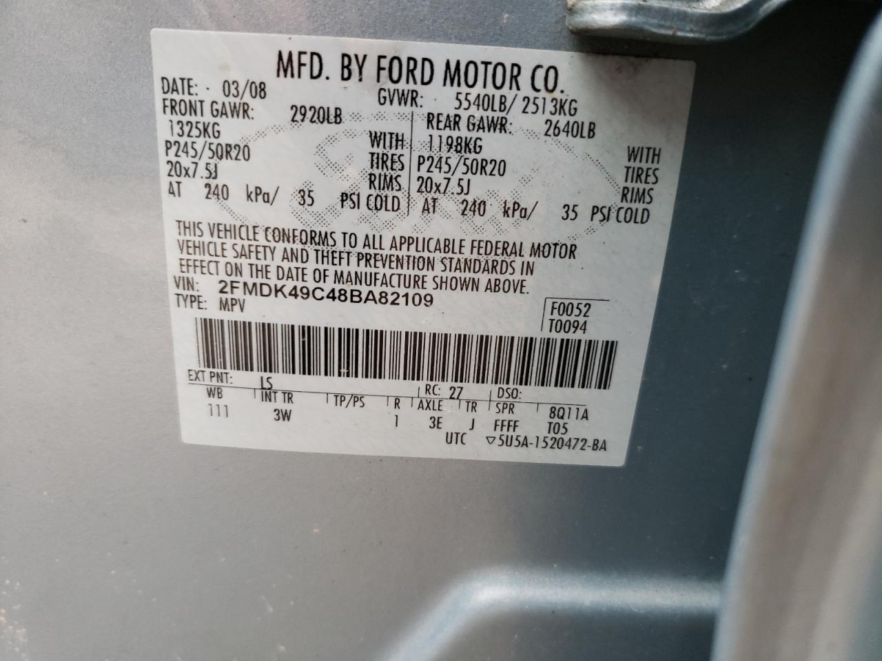 Photo 10 from auction – 2008 FORD EDGE LIMIT with VIN 2FMDK49C48BA82109