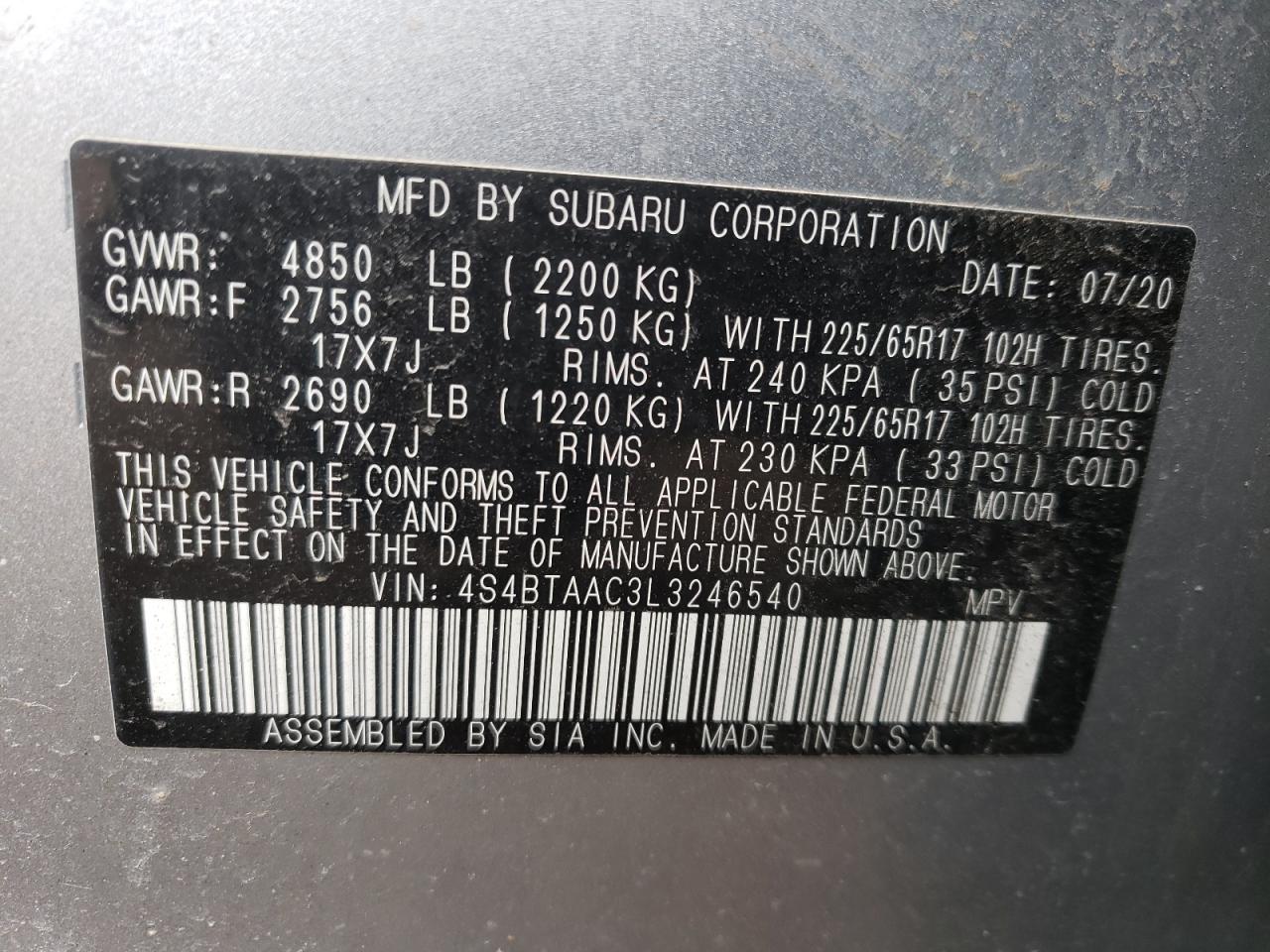 Photo 10 from auction – 2020 SUBARU OUTBACK with VIN 4S4BTAAC3L3246540
