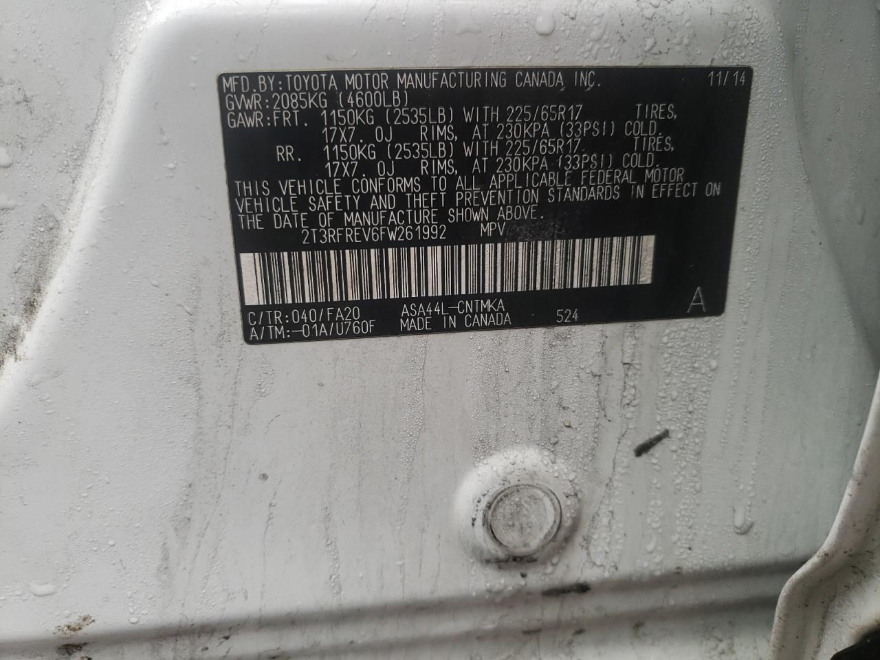 Photo 10 from auction – 2015 TOYOTA RAV4 XLE with VIN 2T3RFREV6FW261992