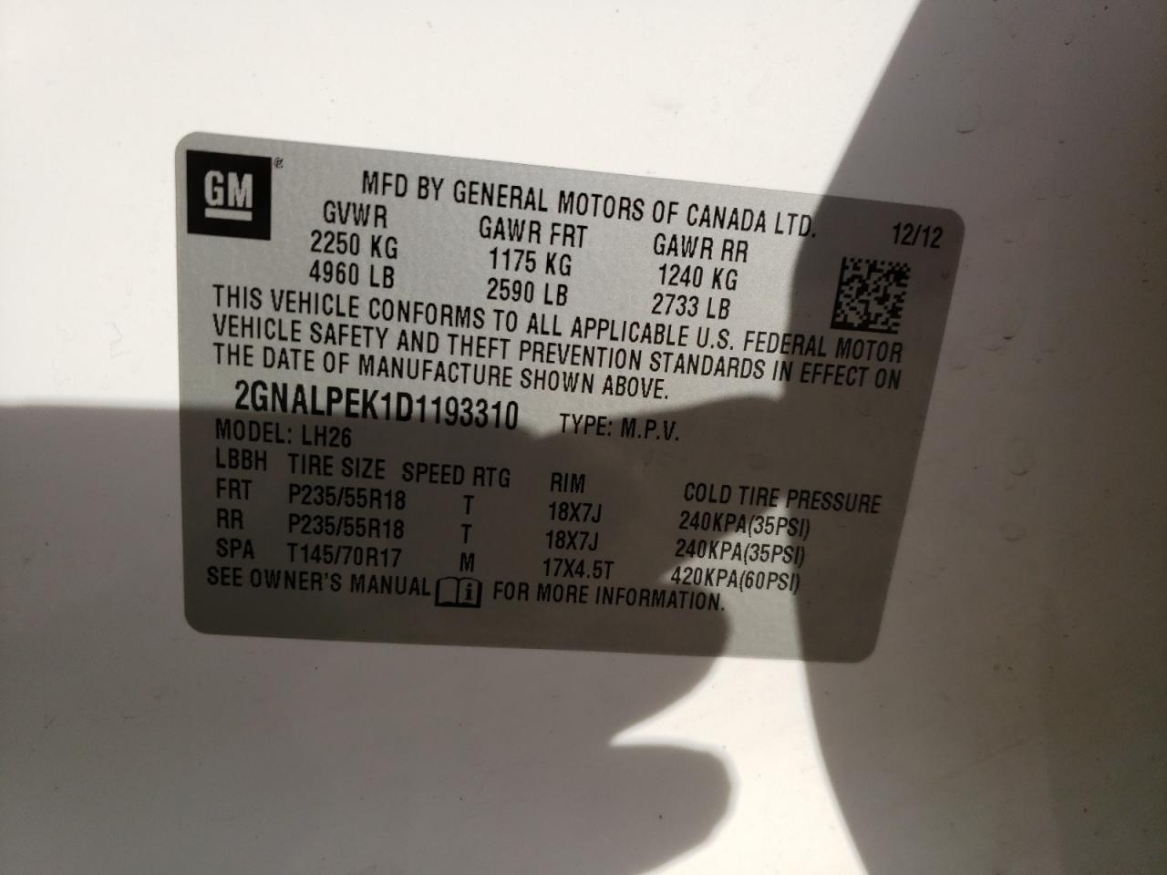 Photo 10 from auction – 2013 CHEVROLET EQUINOX LT with VIN 2GNALPEK1D1193310