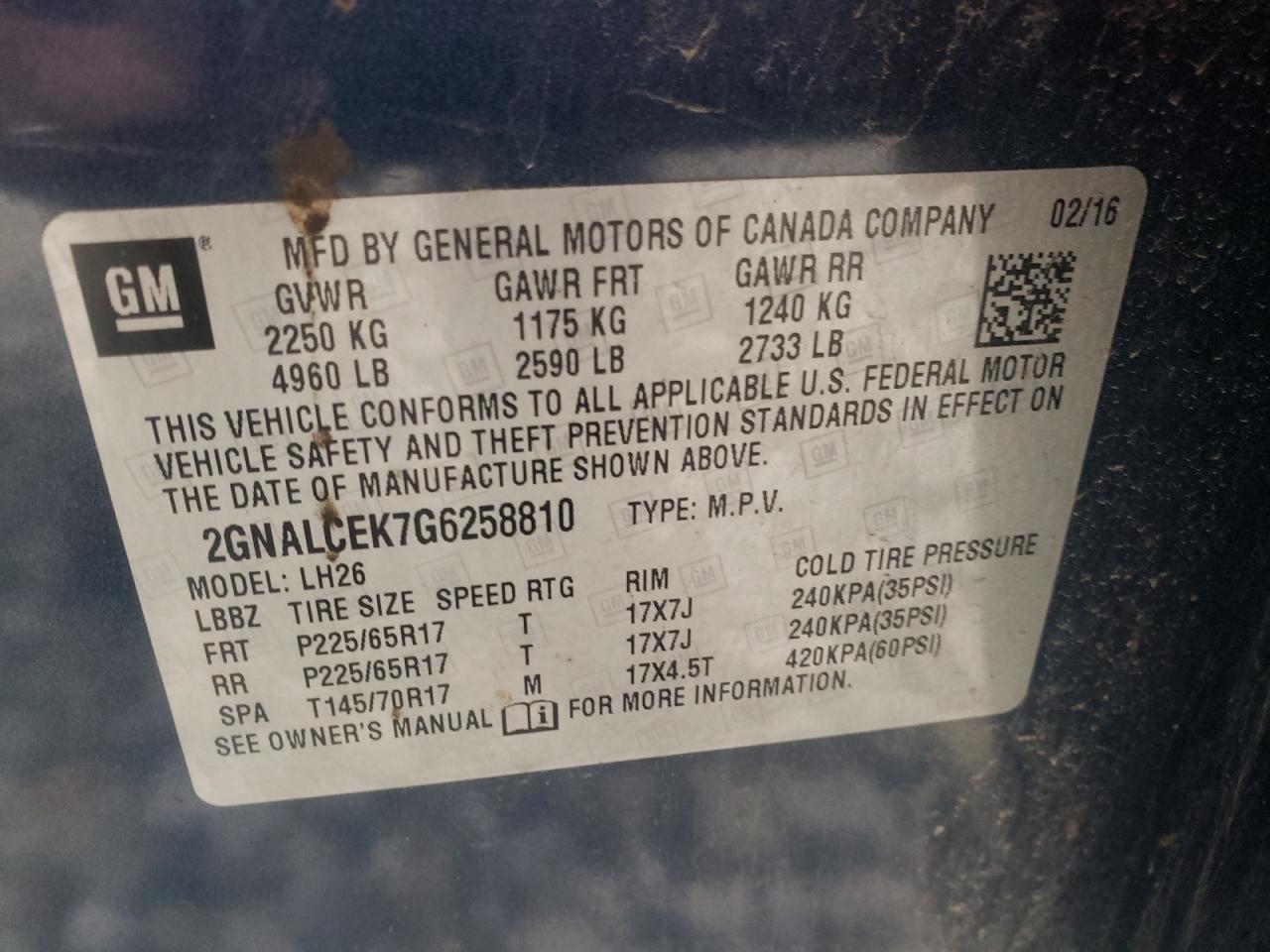 Photo 10 from auction – 2016 CHEVROLET EQUINOX LT with VIN 2GNALCEK7G6258810