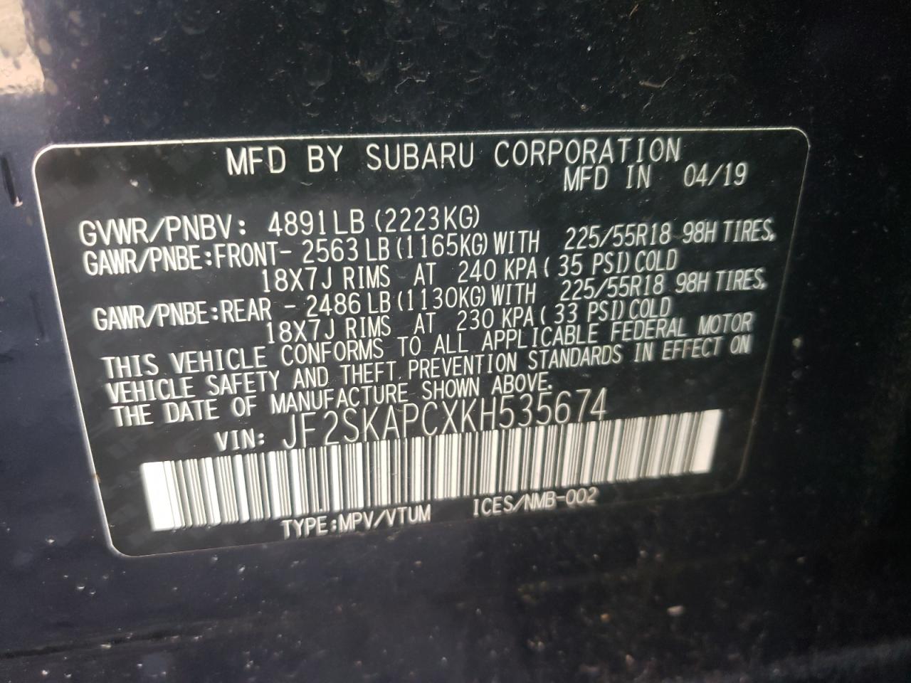 Photo 10 from auction – 2019 SUBARU FORESTER S with VIN JF2SKAPCXKH535674