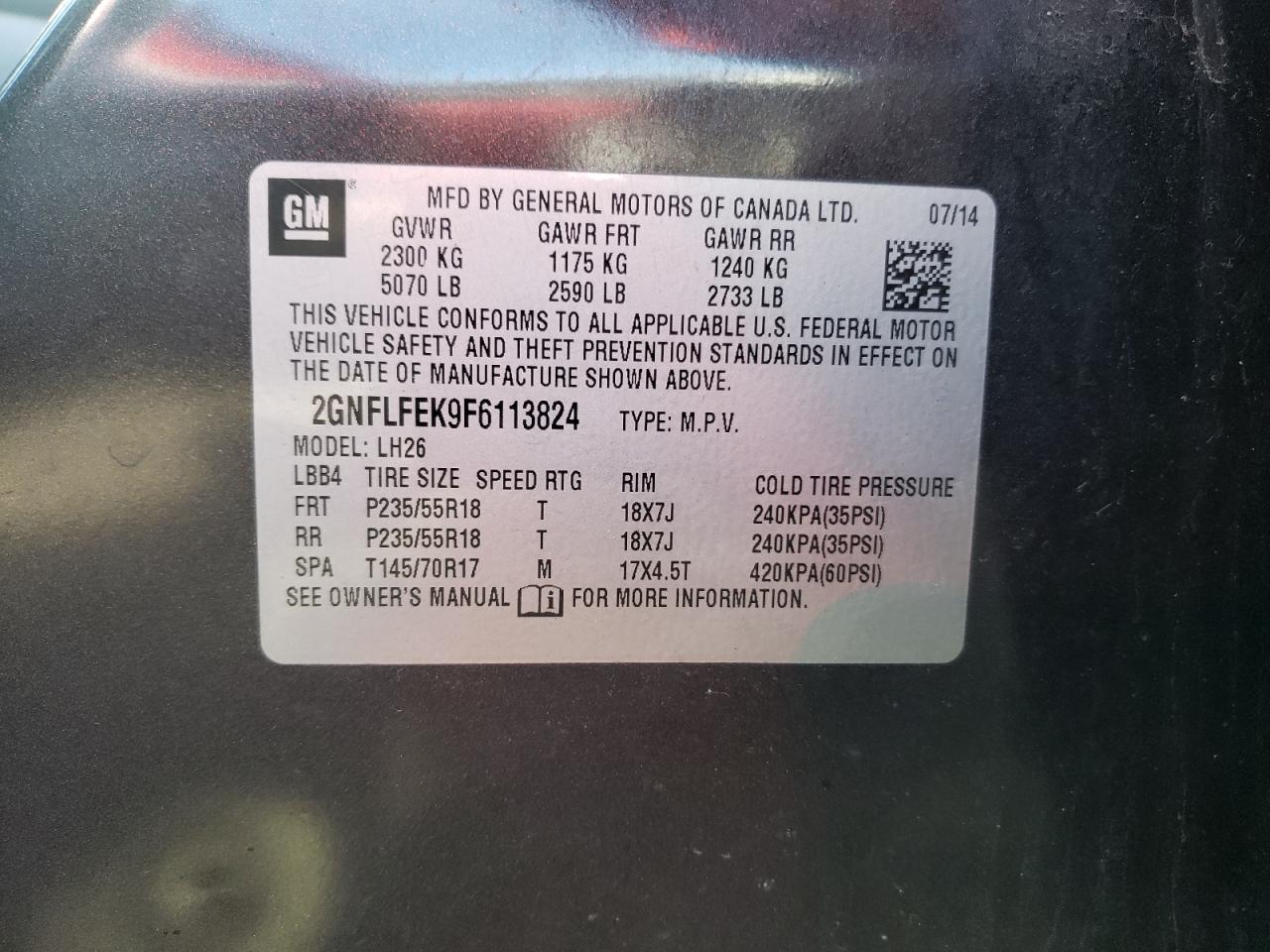 Photo 10 from auction – 2015 CHEVROLET EQUINOX LT with VIN 2GNFLFEK9F6113824