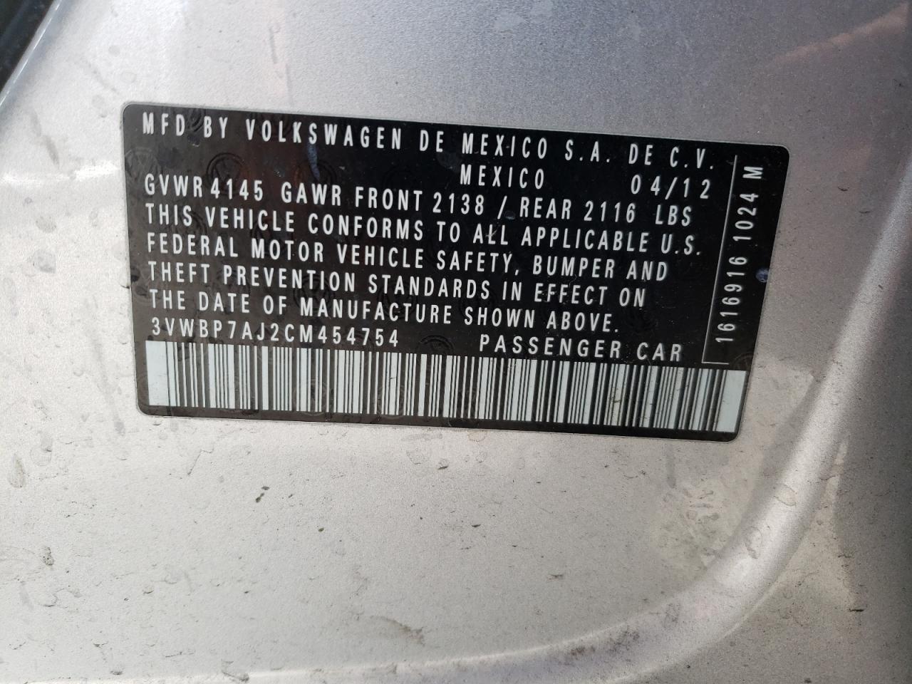 Photo 10 from auction – 2012 VOLKSWAGEN JETTA SE with VIN 3VWBP7AJ2CM454754