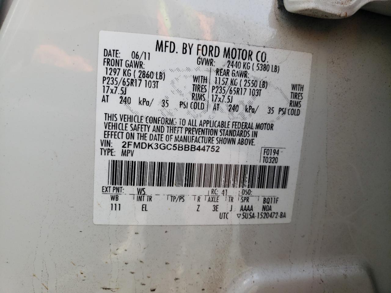 Photo 10 from auction – 2011 FORD EDGE SE with VIN 2FMDK3GC5BBB44752