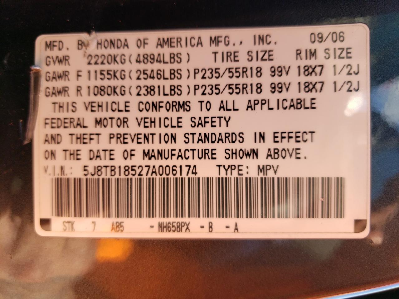Photo 10 from auction – 2007 ACURA RDX TECHNO with VIN 5J8TB18527A006174