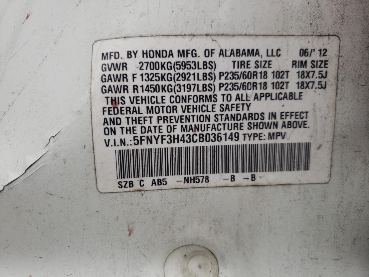 Photo 10 from auction – 2012 HONDA PILOT EX with VIN 5FNYF3H43CB036149