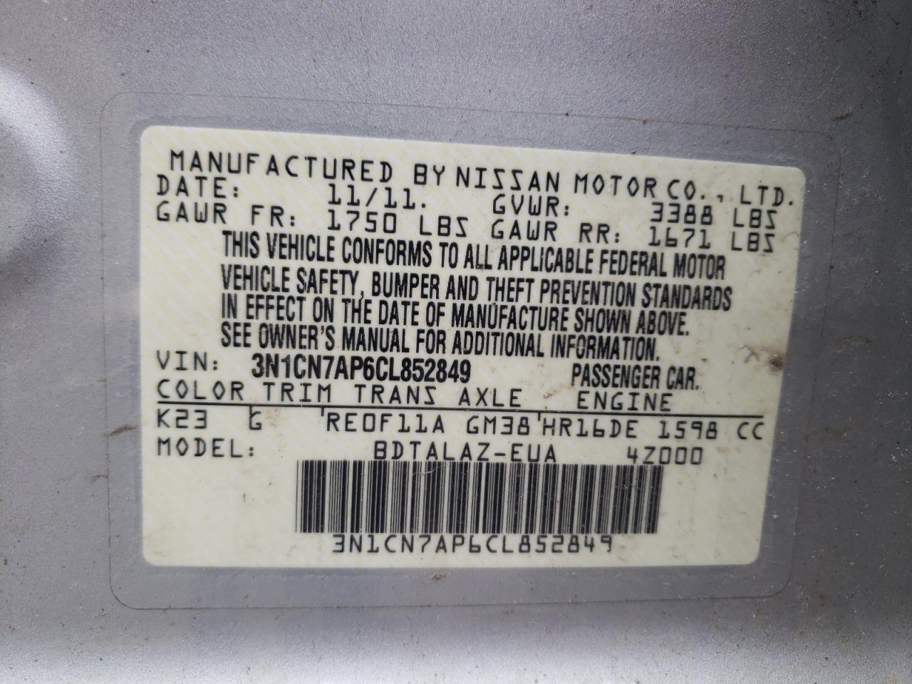 Photo 10 from auction – 2012 NISSAN VERSA S with VIN 3N1CN7AP6CL852849
